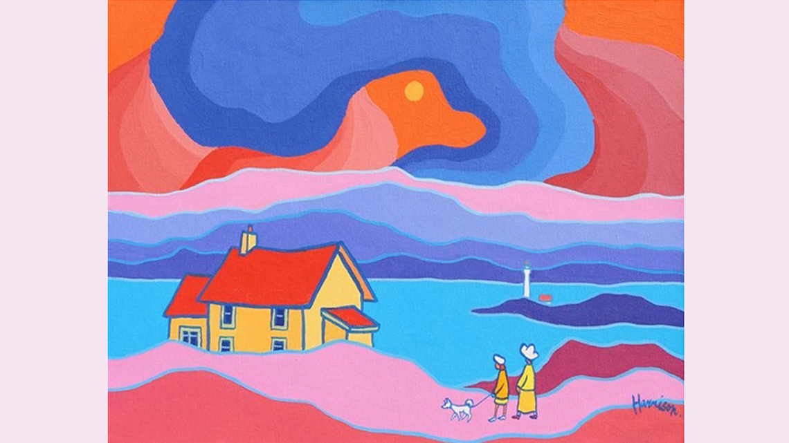 A landscape of a house by a lake and mountain side with various warm and cool contrasting colours.