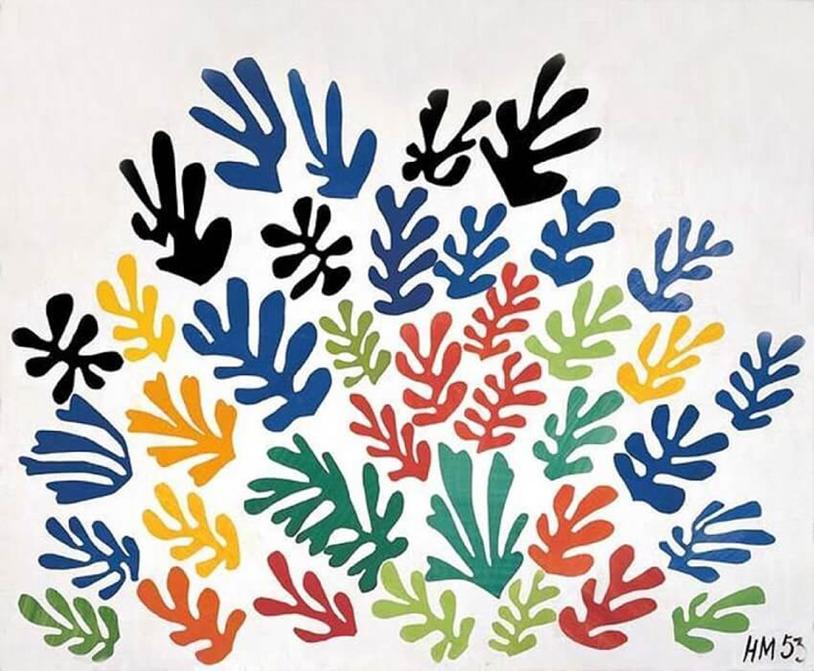 A collage of uniquely cut out shapes of different colours that are finger-like, leaf shapes.