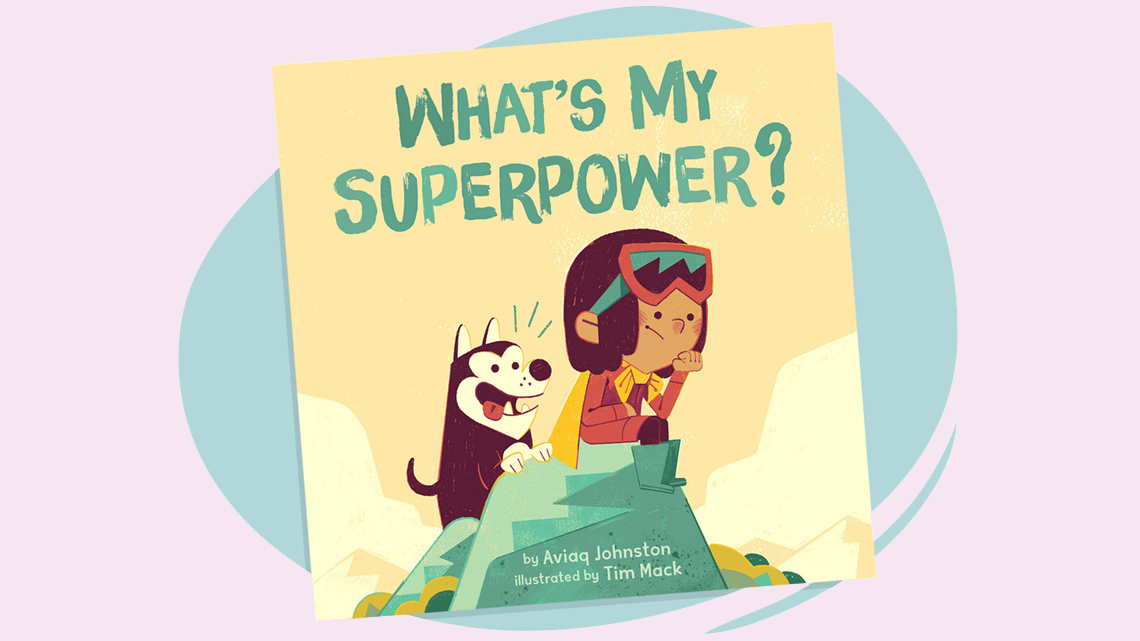 The cover of What's My Superpower? A child dressed as a superhero sits and thinks on top of a mountain. An excited dog is behind them.