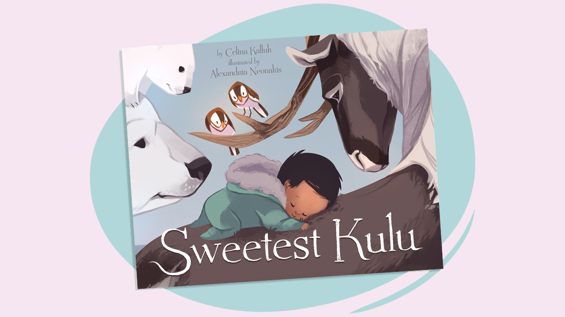 The cover of Sweetest Kulu. A baby sleeps on the back of a caribou. The caribou, 2 birds, and 2 polar bears are looking at the baby.