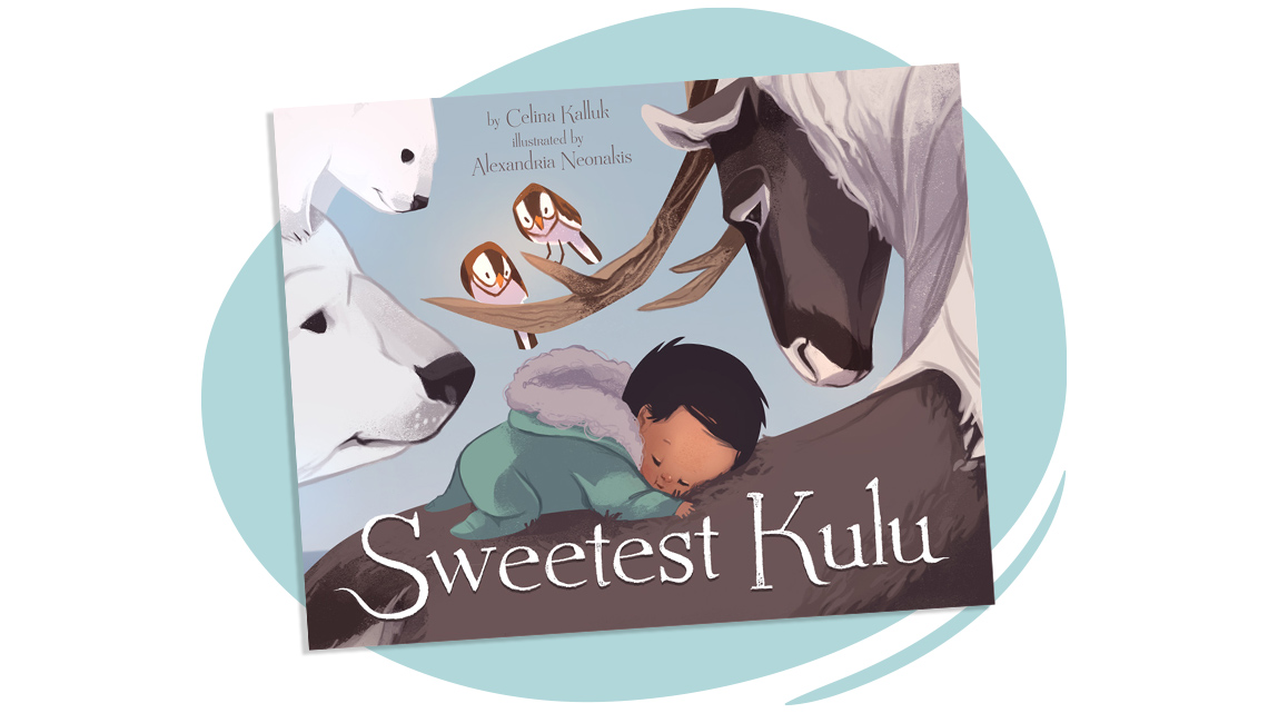 Book cover of the book, Sweetest Kulu. There is a baby sleeping on a rock and five animals staring at them.