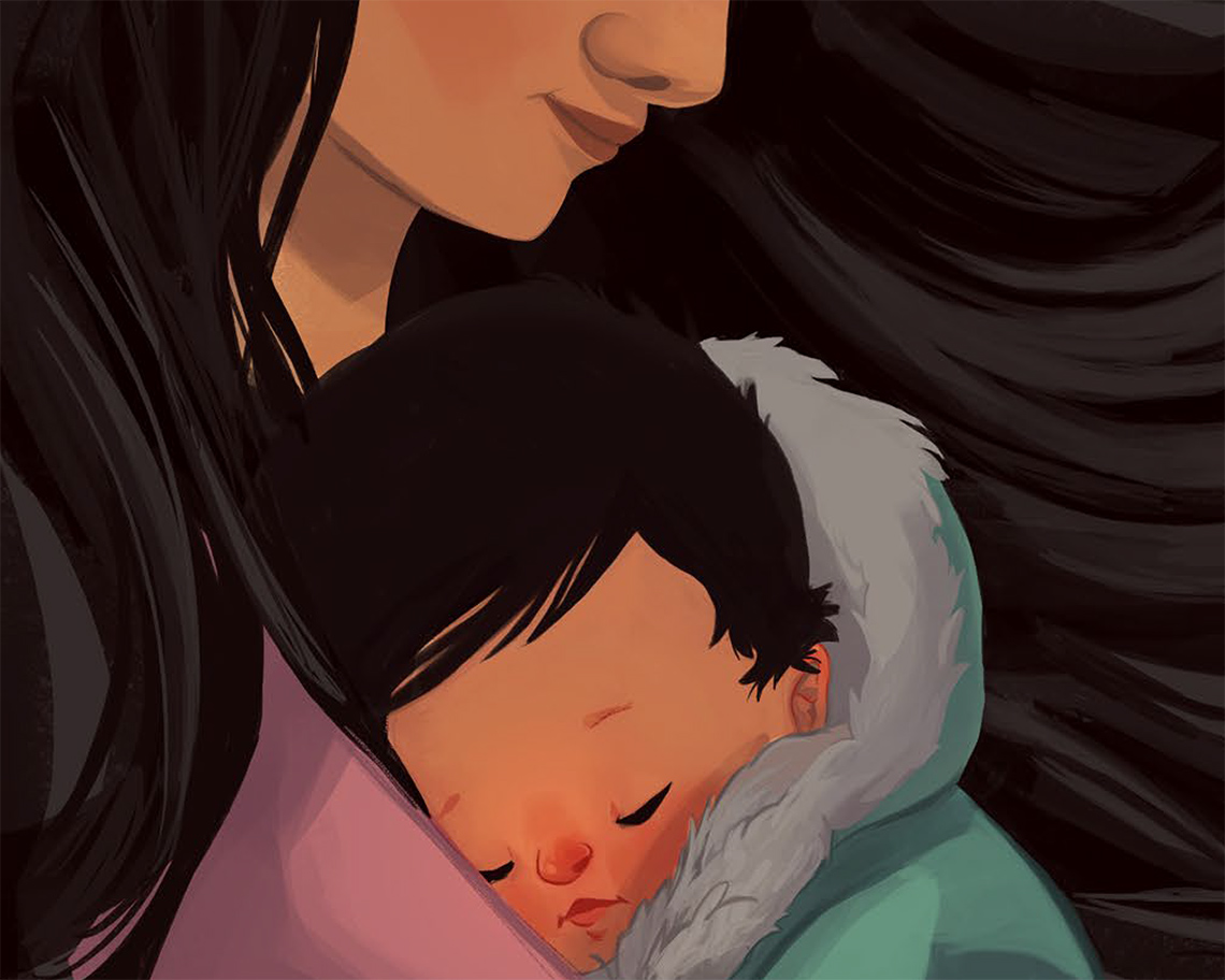 Baby laying on their mother’s chest very closely.