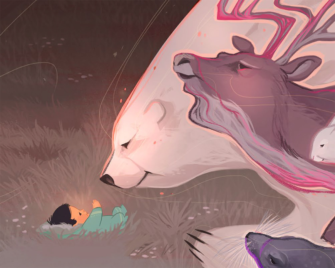 A baby laying on the grass with different animals looking over them