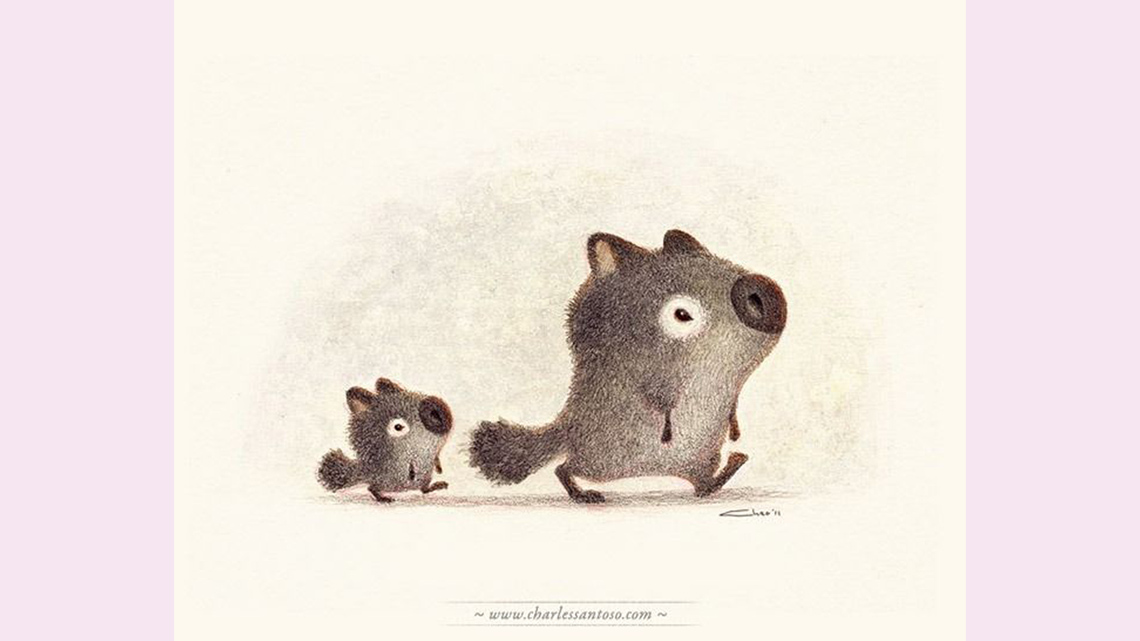 Two squirrelly creatures walking. The one in front is bigger than the one behind them.