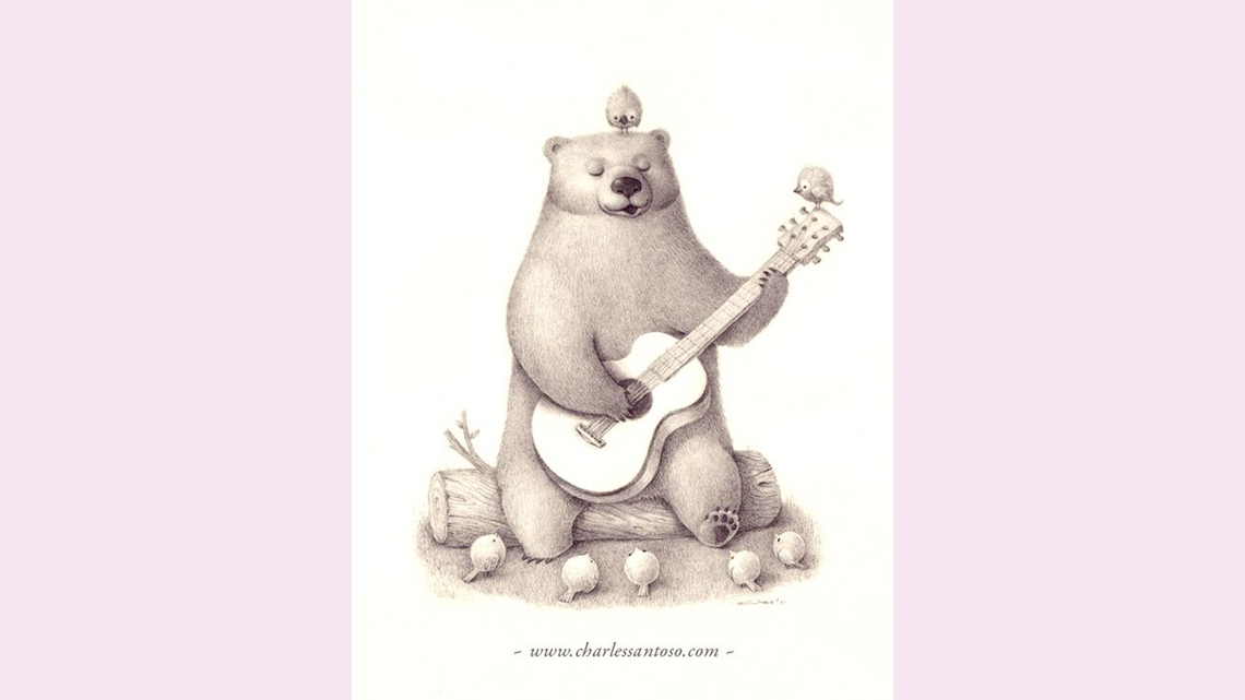 Birds watching a bear sitting on a log playing guitar. 1 bird is on the bear's head, 1 is on the guitar, and the rest are on the grass.