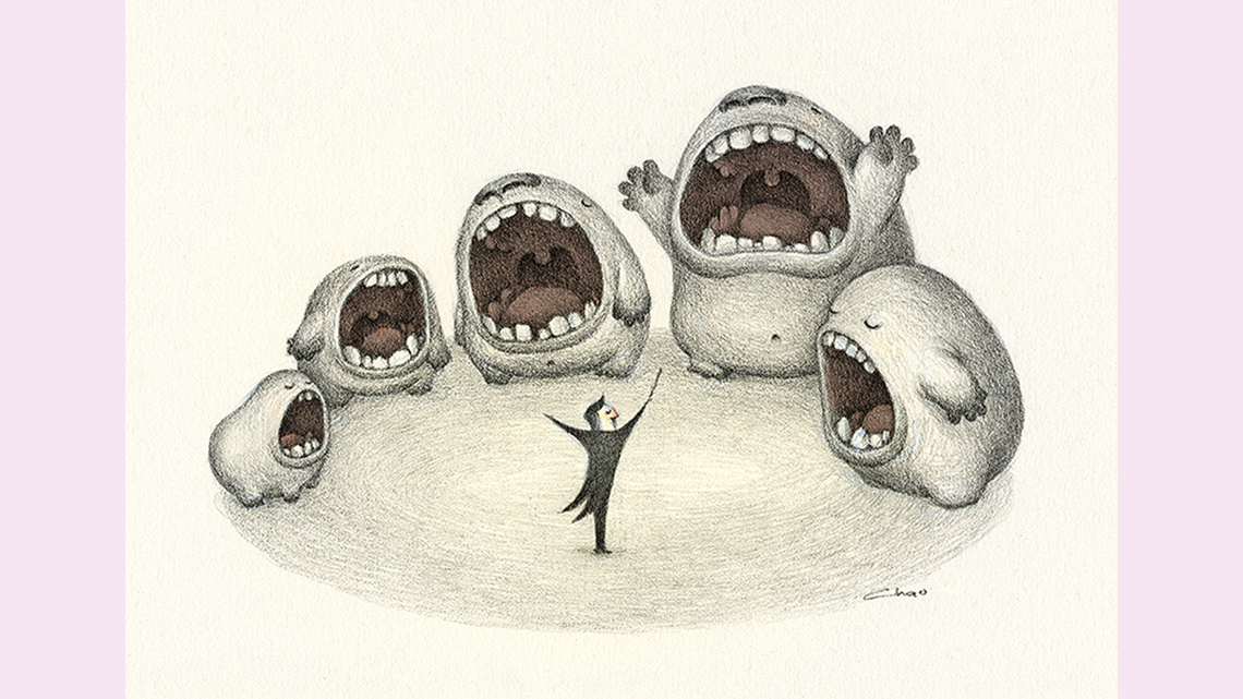 A music conductor surrounded by 5 big, round creatures singing with their mouths opened very wide