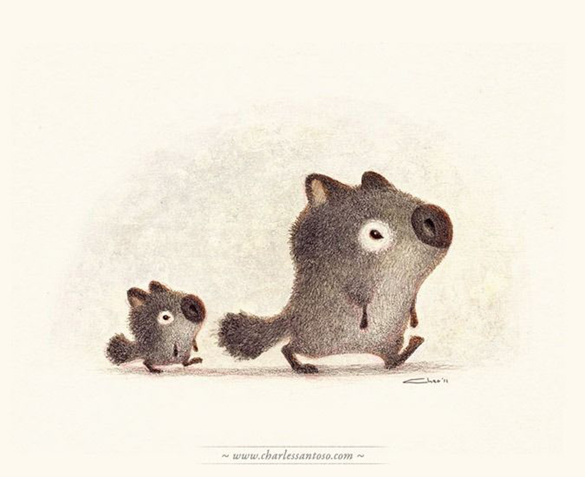 Two squirrelly creatures walking. The one in front is bigger than the one behind them.