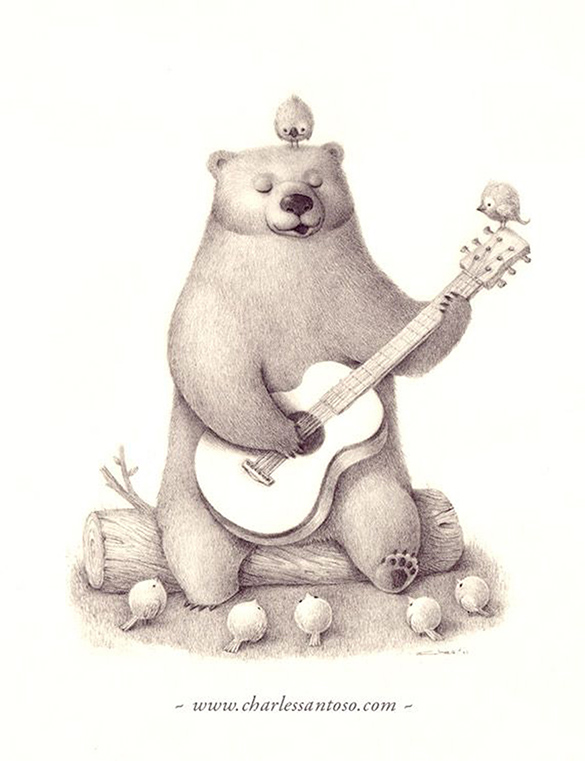 Birds watching a bear sitting on a log playing guitar. 1 bird is on the bear's head, 1 is on the guitar, and the 5 are on the grass.