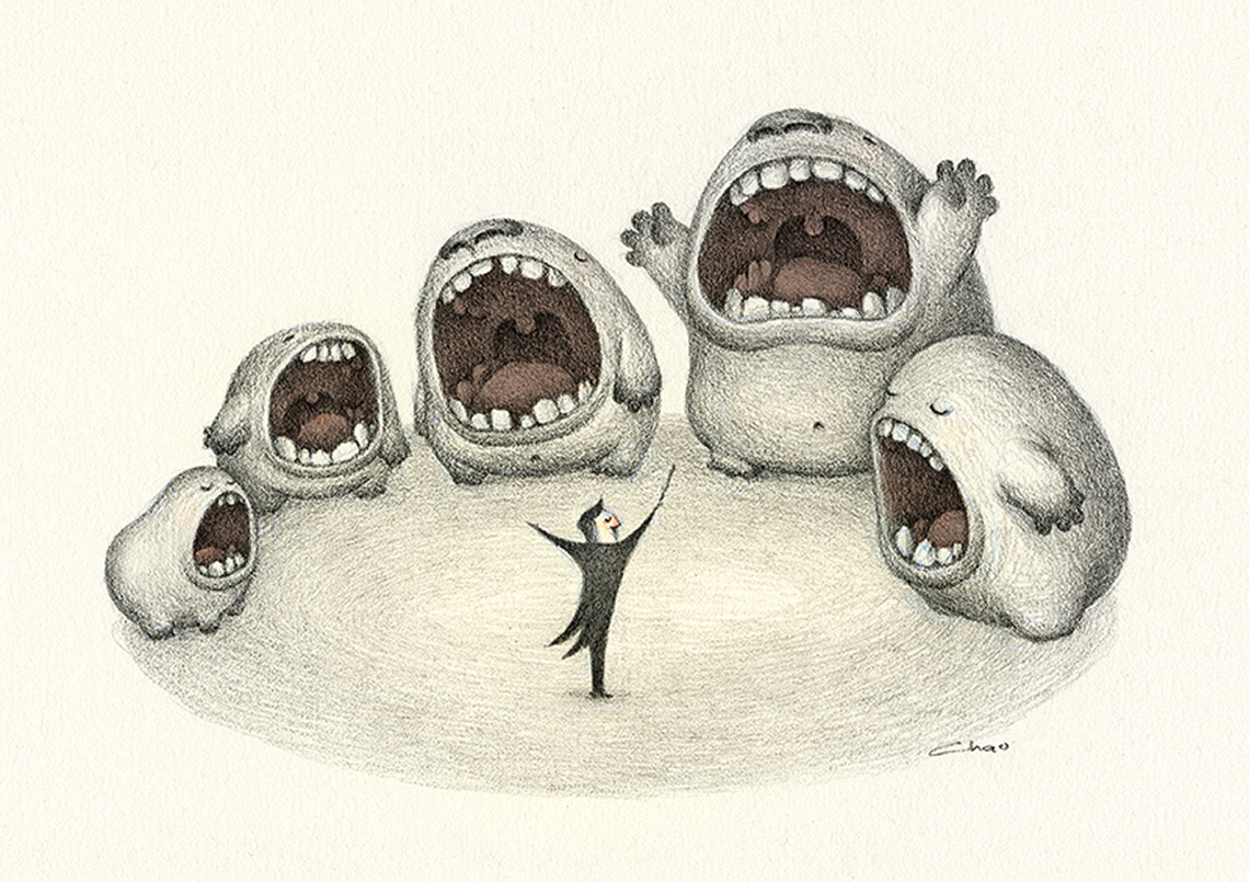 A music conductor surrounded by 5 big, round creatures singing with their mouths opened very wide