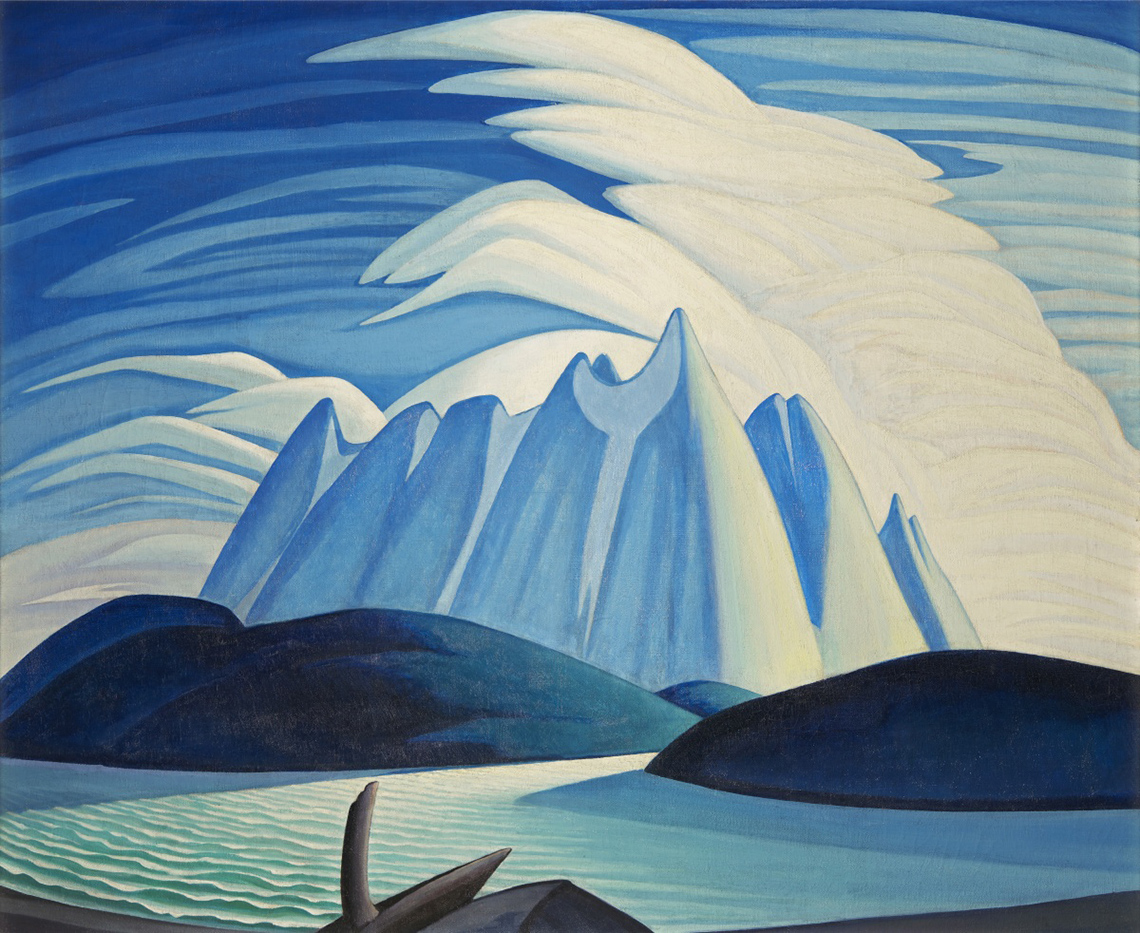 There are large white glaciers with two hills in the front.