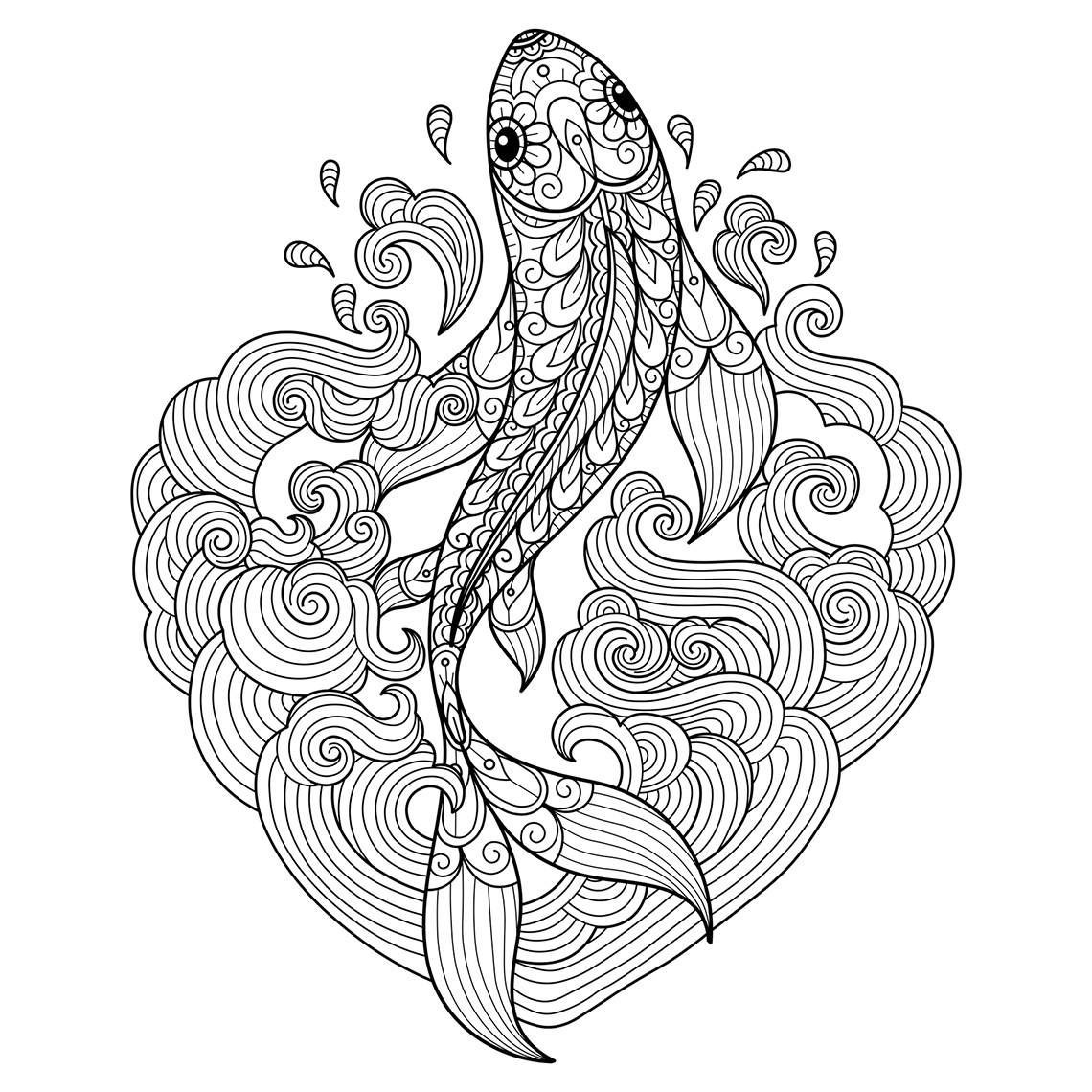 A swimming fish surrounded by spiraling waves. The fish is covered in patterns of flowers, swirls, and scales