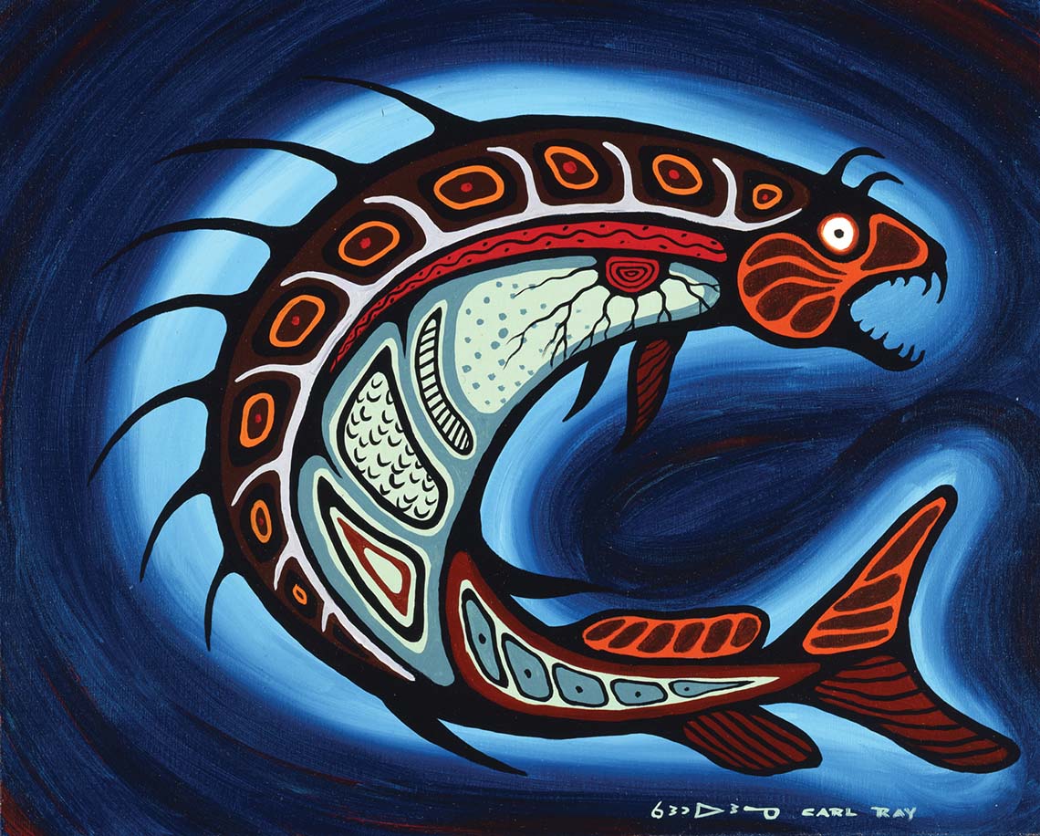 A jumping fish with many diverse patterns of organic shapes within its body.