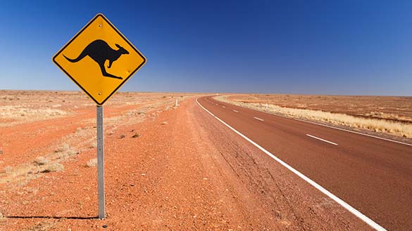 The silhouette of a kangaroo on a traffic sign by the side of a road in a desert.