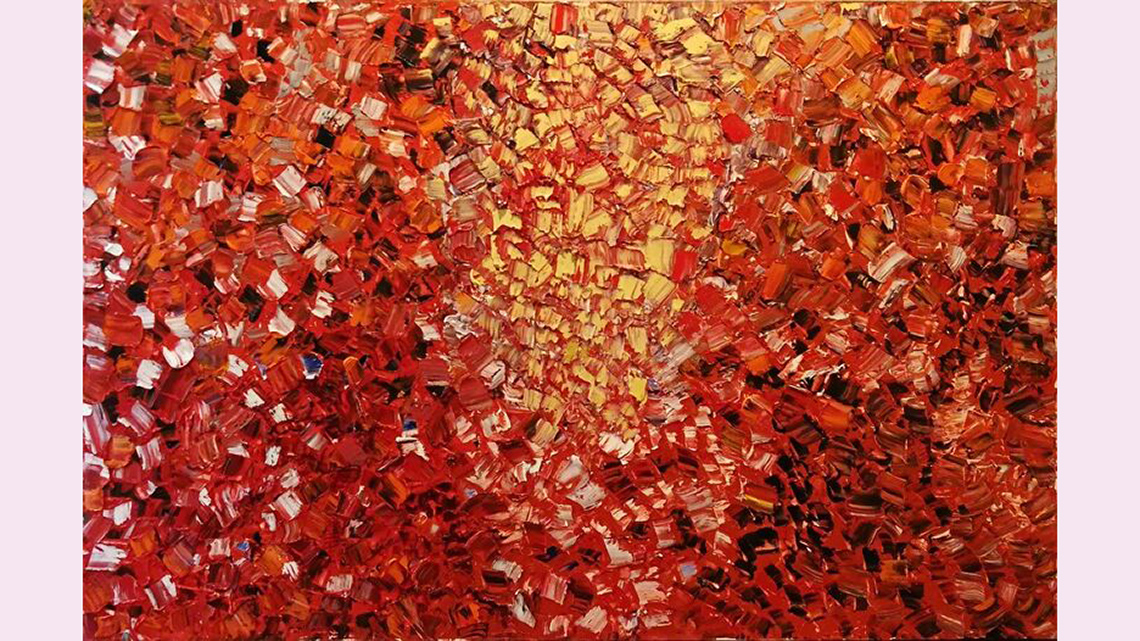 An abstract painting made up of many short brushstrokes with thickly applied paint.