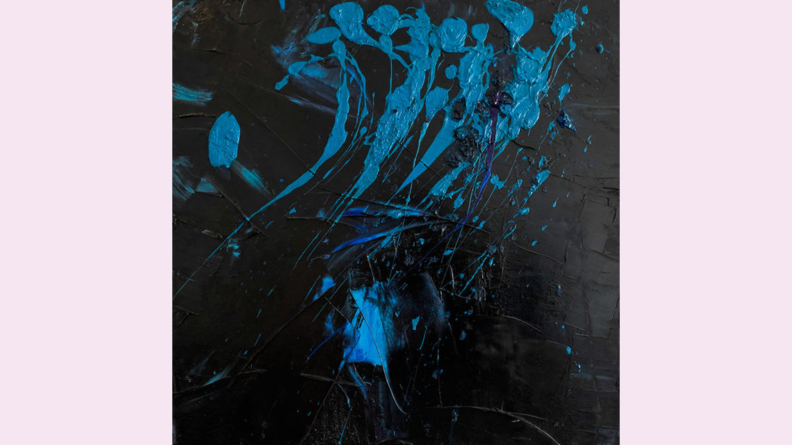 An abstract painting with thick smears of blue paint on a black background.