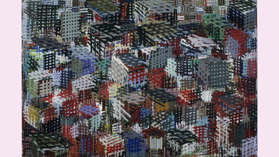 A painting of grids arranged to appear as buildings in a city scape. The dominant colours are black, red, light blue, beige and white.