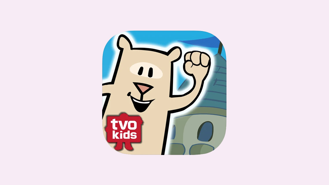 A beige bear smiling with its fist raised and the words 'tvo kids' in the bottom left corner.