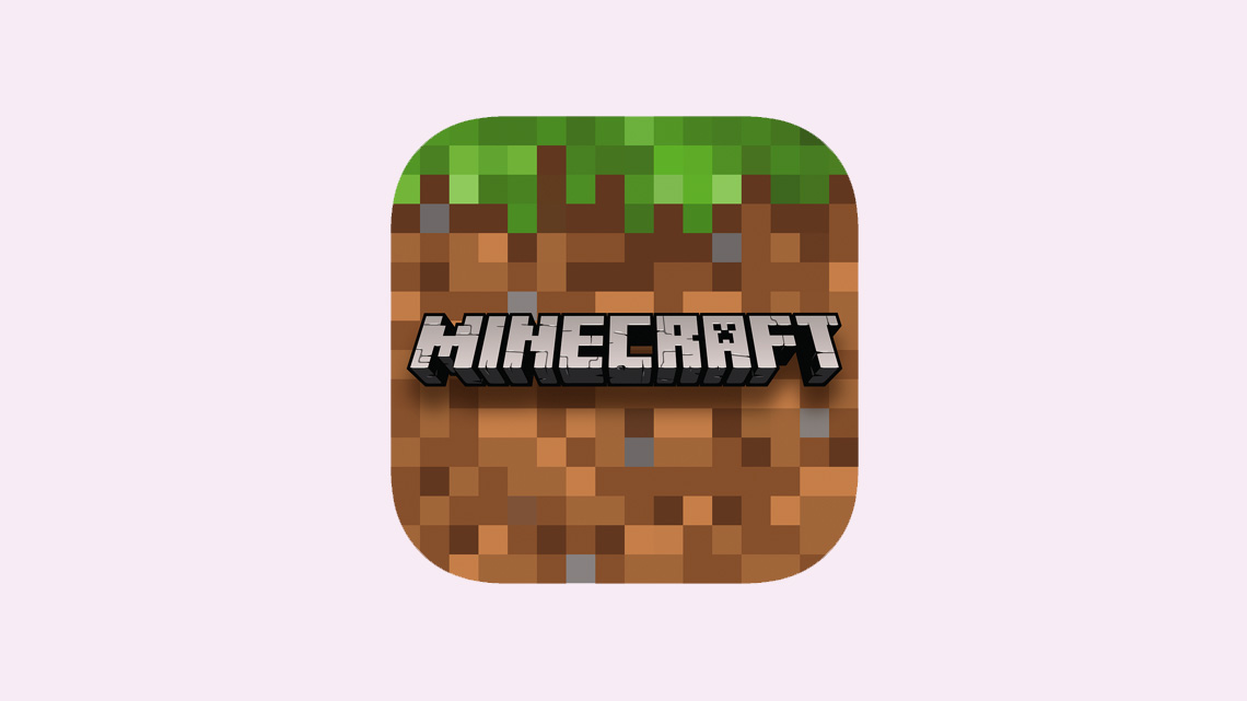 A pixelated block of dirt and grass with the word 'Minecraft'.