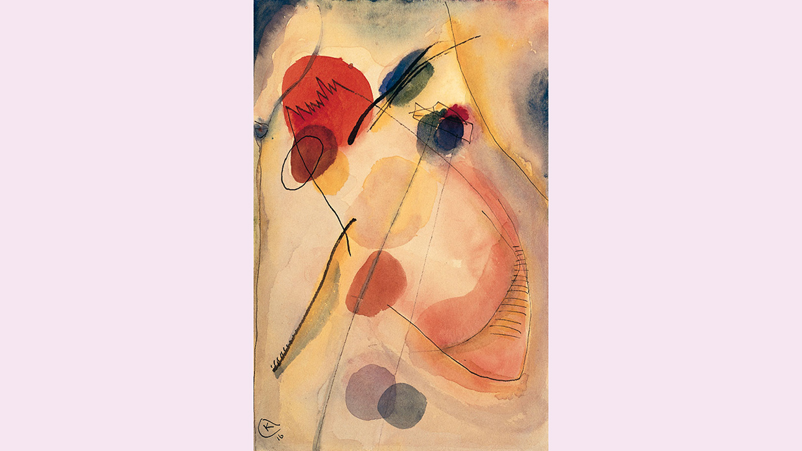 A painting with a collection of colours and paint splatters throughout the entire piece in white, red, black, yellow, and blue.