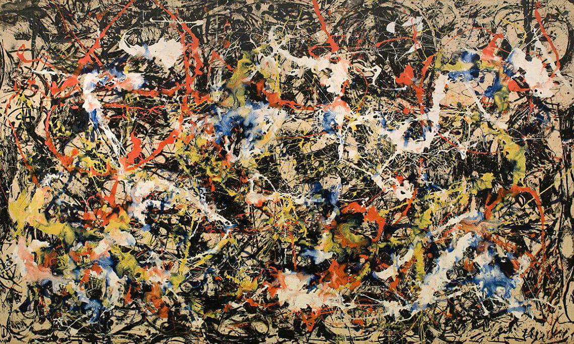 A painting with a collection of colours and paint splatters throughout the entire piece in white, red, black, yellow, and blue.