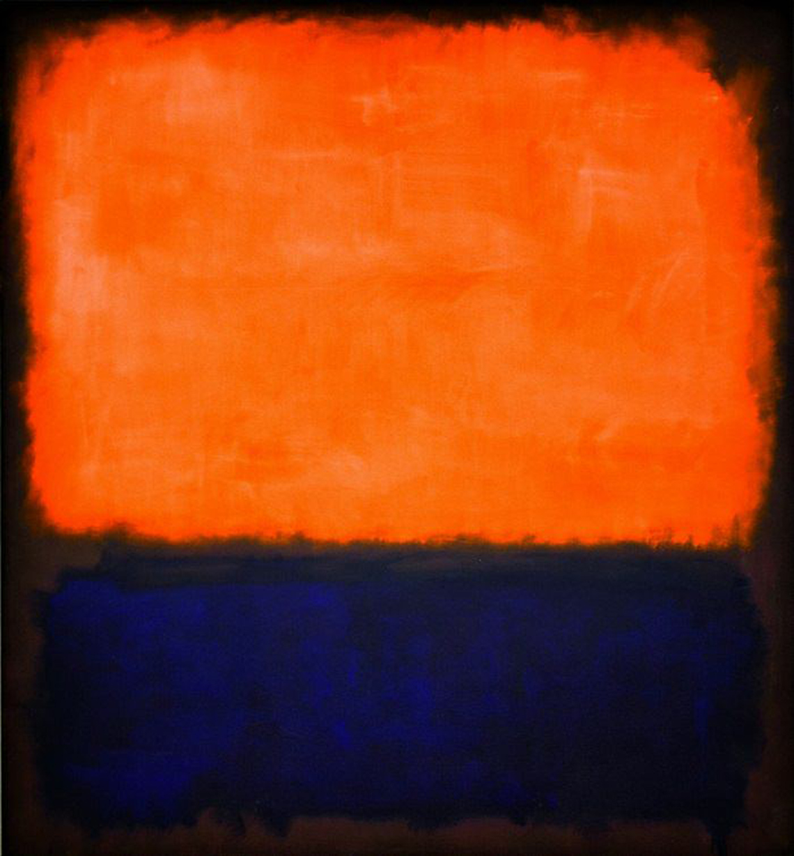 A painting with a large area of orange that takes up the upper two-thirds of the piece and dark blue in the bottom third.