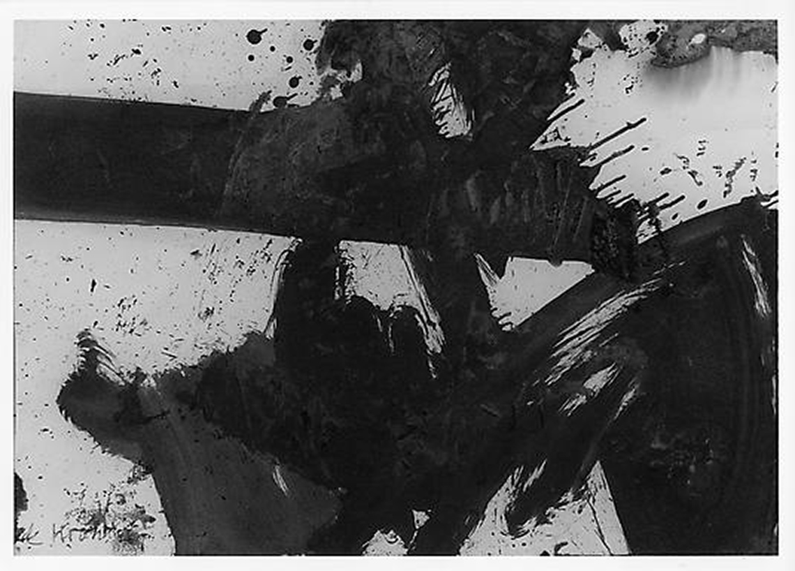 A painting with thick black brushstrokes on a white background. Some strokes are straight while others are smeared and dripping.