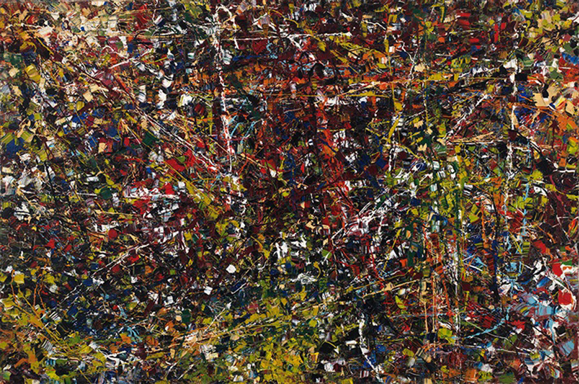 A painting with a heavy concentration of colours and streaks throughout the entire piece in black, white, red, yellow, blue, and green.