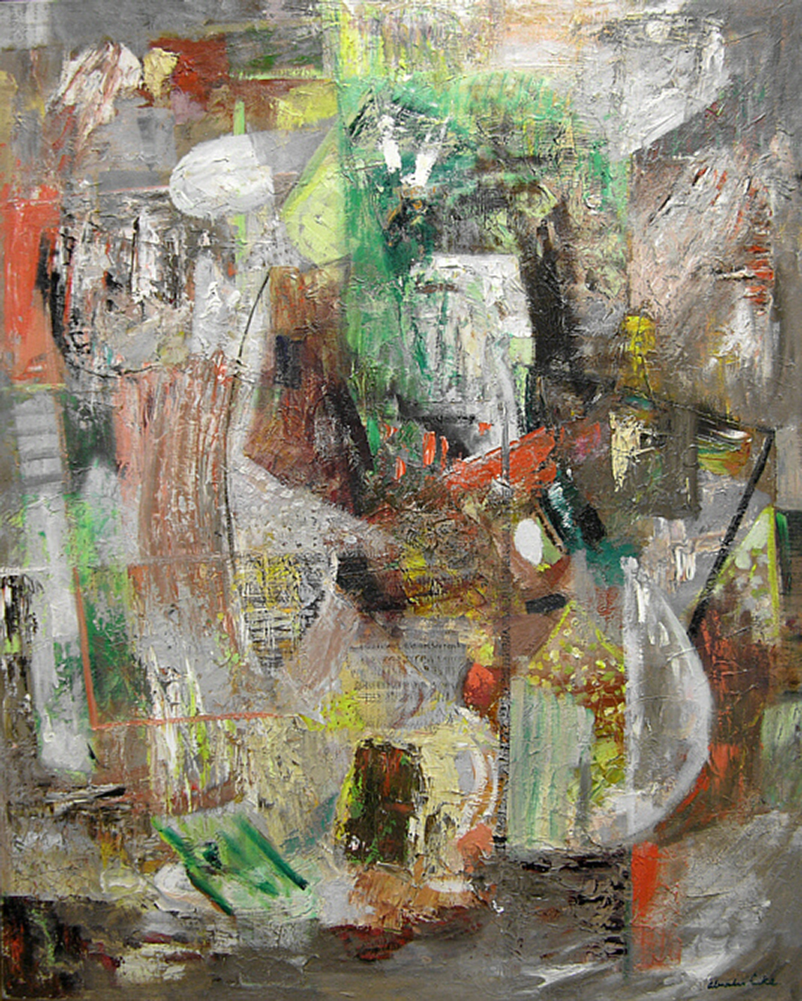 An abstract painting with thick and thin brushstrokes. Colours include mostly brown, grey, white, and bright colours like red and green.