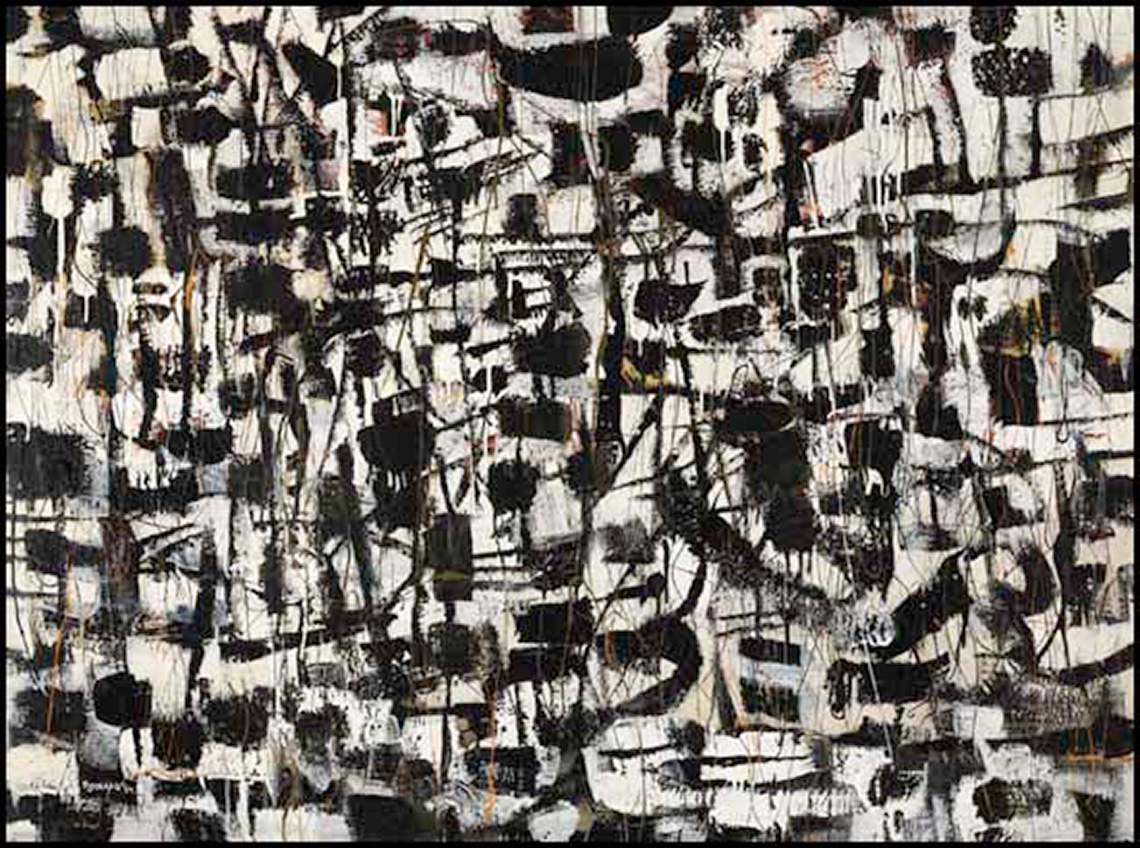 A black and white painting with small black shapes attached by lines. Most of the shapes are small squares and rectangles.