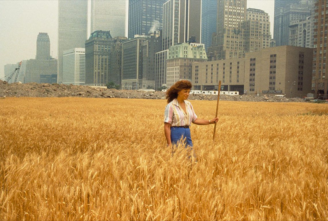 A huge field of wheat with the artist in the field in middle of New York City.