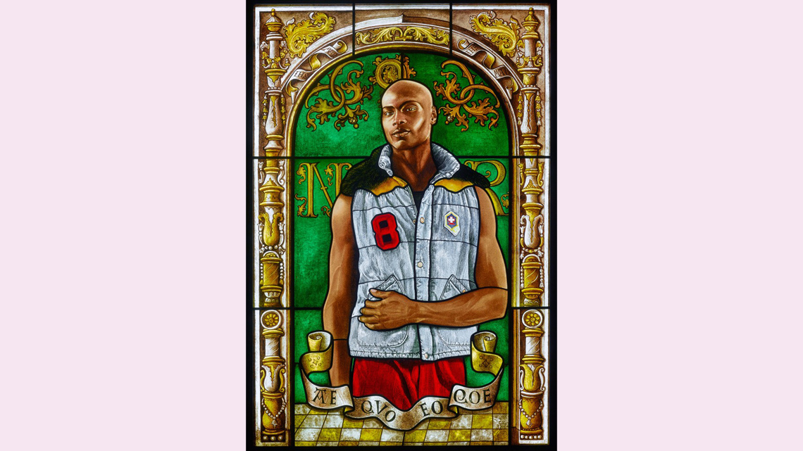 A stained glass style artwork of a model standing in an archway. They are dressed in athletic gear.