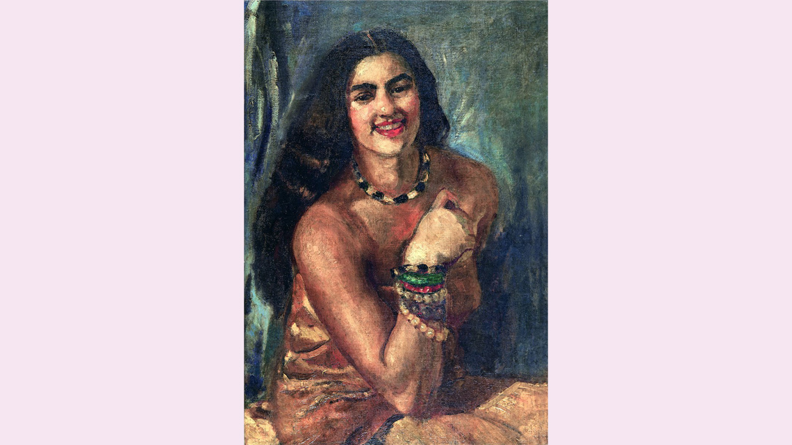 A painting of a woman is sitting and smiling. She is wearing vibrant beaded bracelets in front of a simple background.