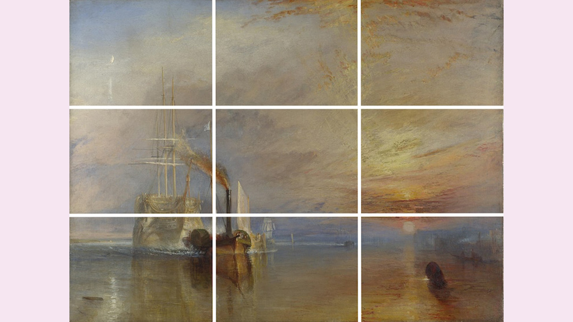 An old ship is being tugged by a tugboat against a brilliant sunset. The ship is on a focal point. 