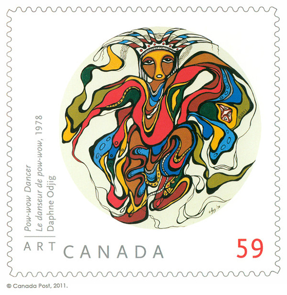 Daphne Odjig’s Pow-wow Dancer art made into a postage stamp.