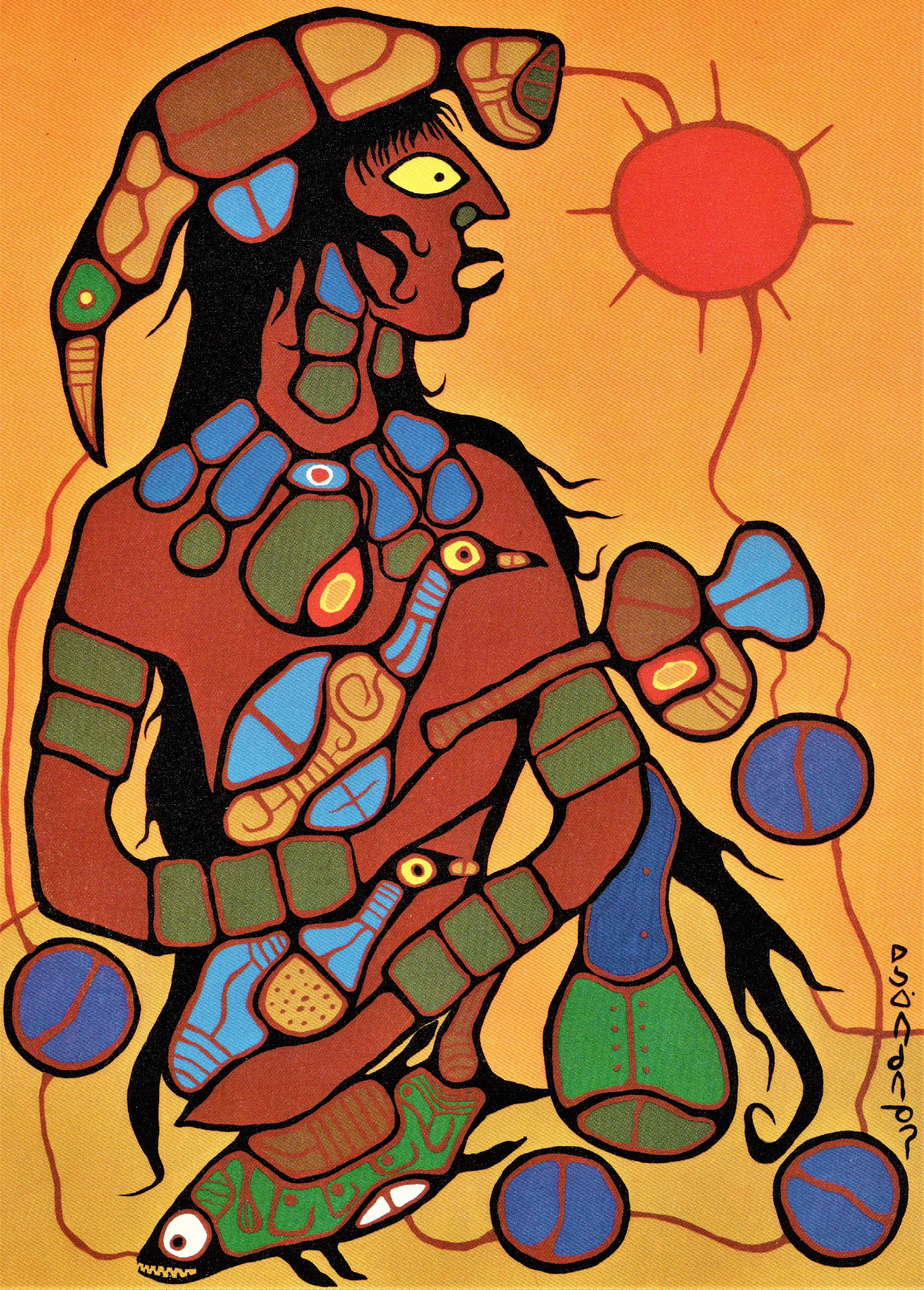 A painting of a human figure cradling birds and a fish.