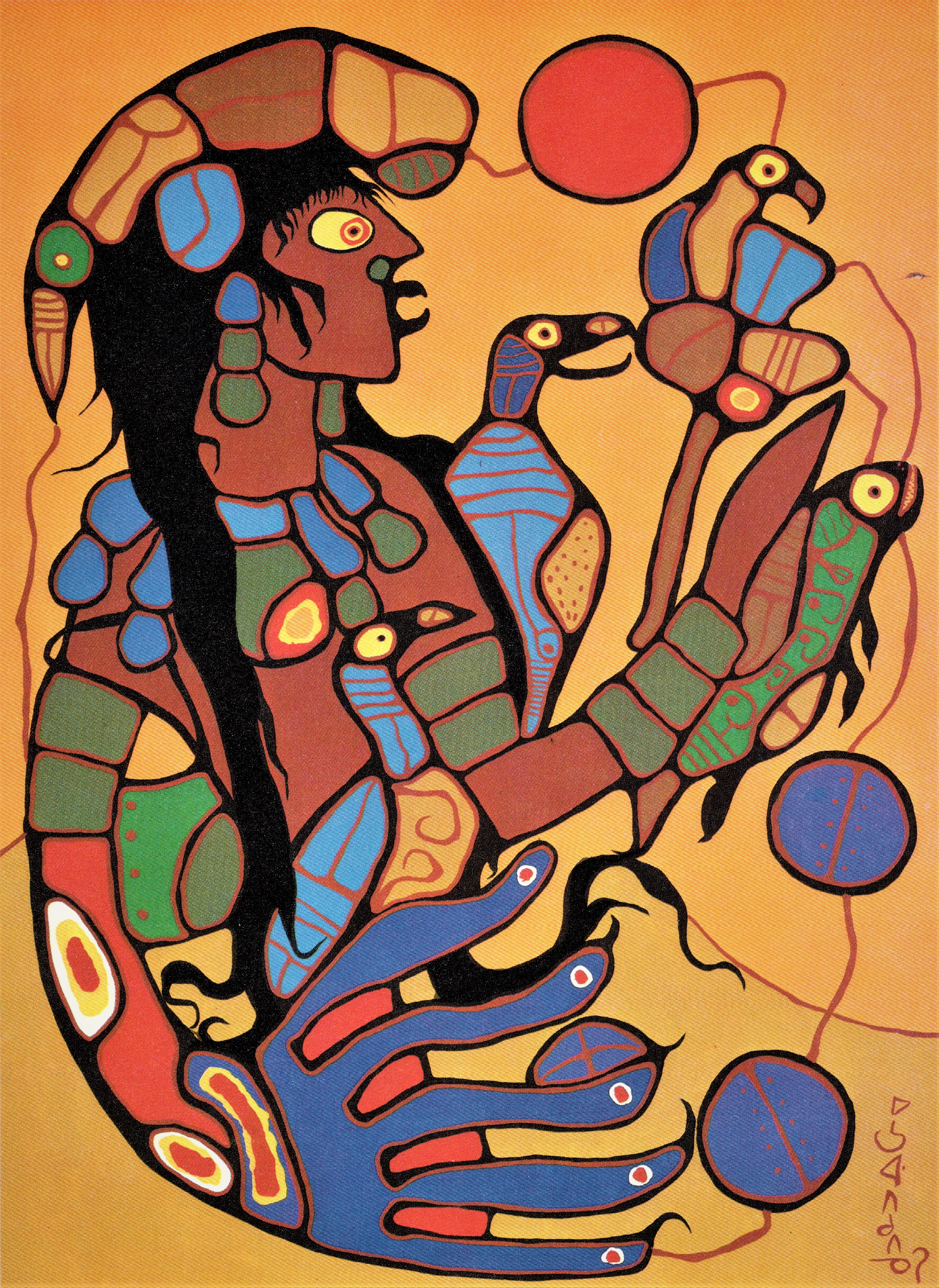 A painting of a human figure in the process of turning into a thunderbird. Their right arm has become a wing.