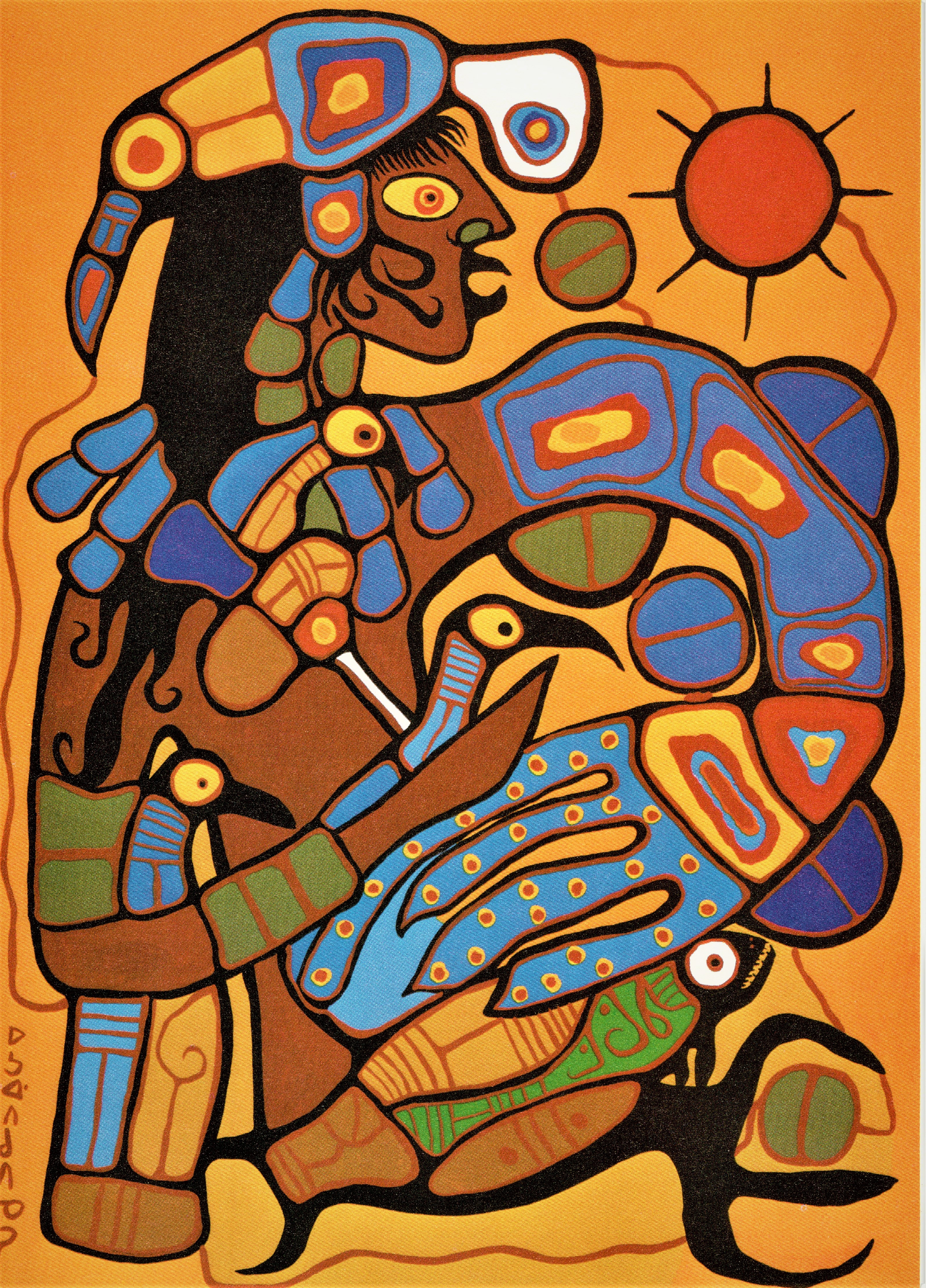 A painting of a human figure turning into a thunderbird. Their left arm has become a wing, and other parts of their body are also changing.
