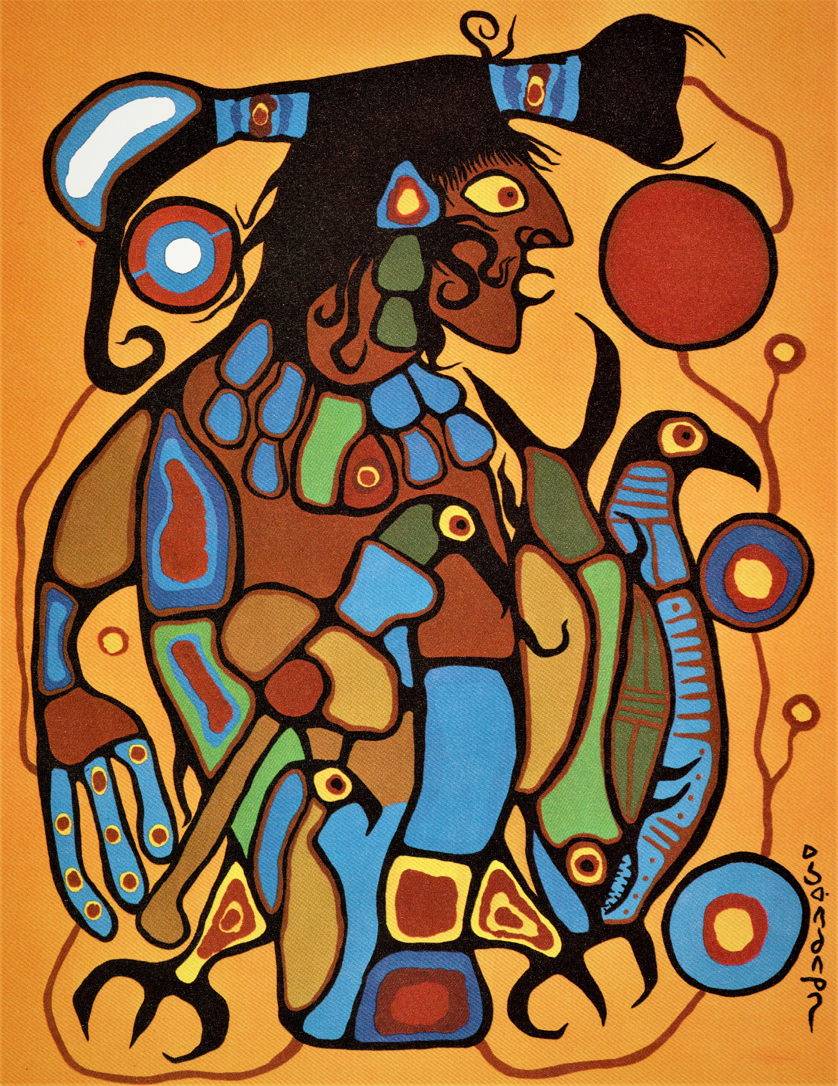 A painting of a human figure turning into a thunderbird. Claws grow from their waist.