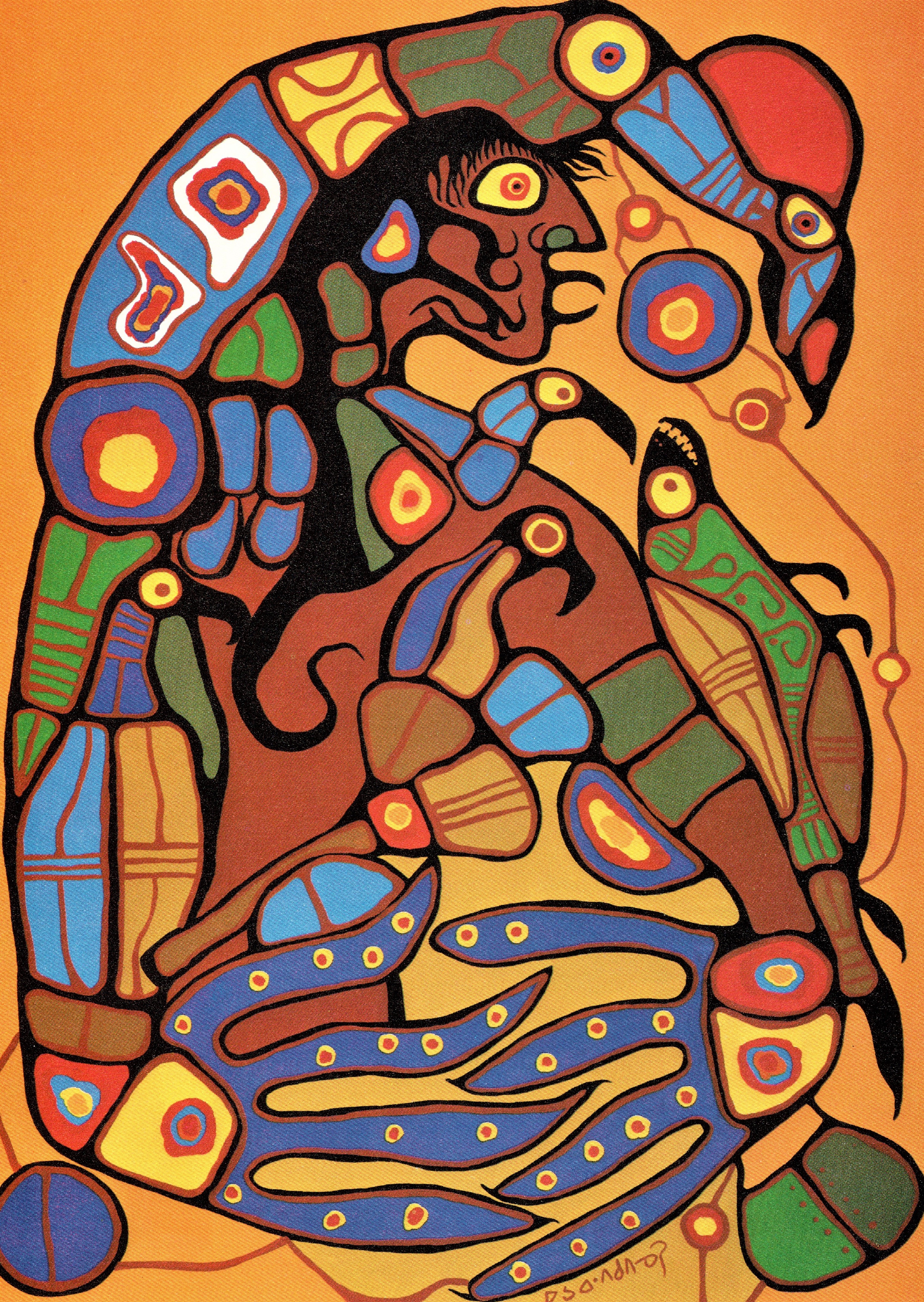 A painting of a human figure turning into a thunderbird. Background images have combined with their body.