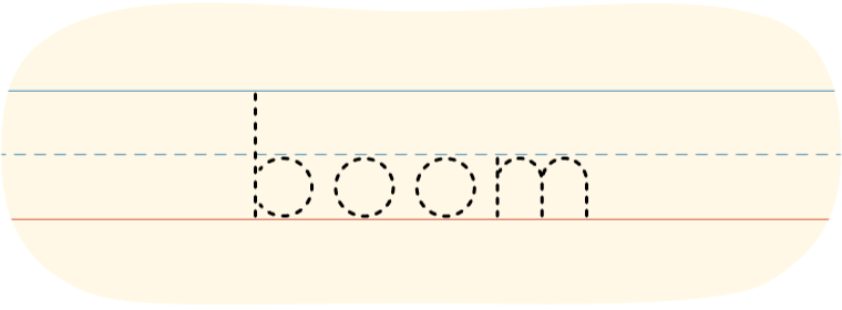 A red dot tracing the printed word 'boom.'