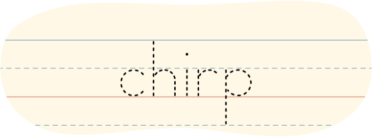 A red dot tracing the printed word 'chirp.'