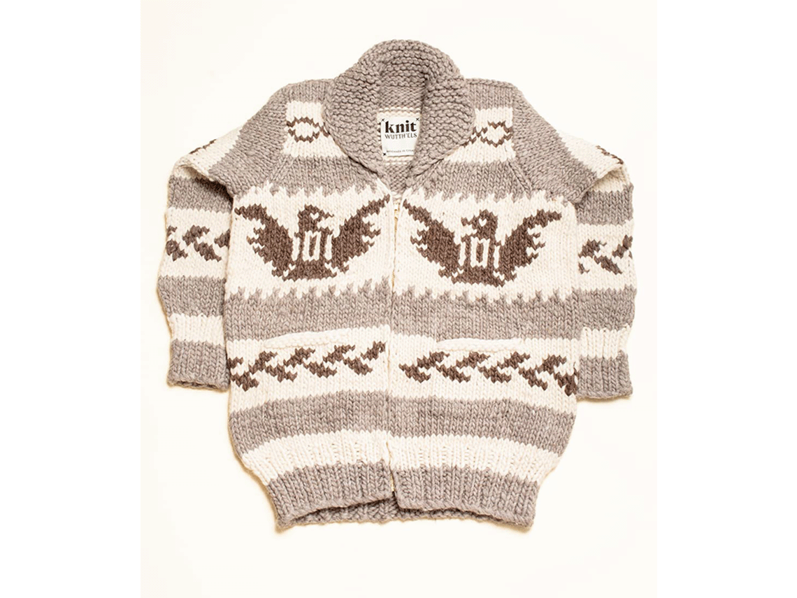 The front view of a Cowichan sweater. Two eagle symbols are knitted across the front.