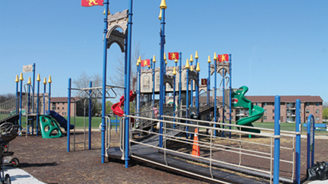 An accessible playground in Windsor, Ontario that uses ramps to access different levels and sections.