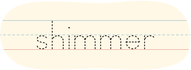 A red dot tracing the printed word 'shimmer.'