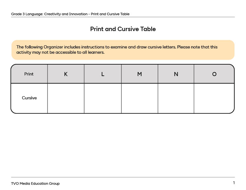 Print and Cursive Table