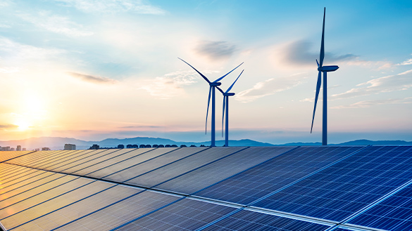Wind turbines and solar panels.