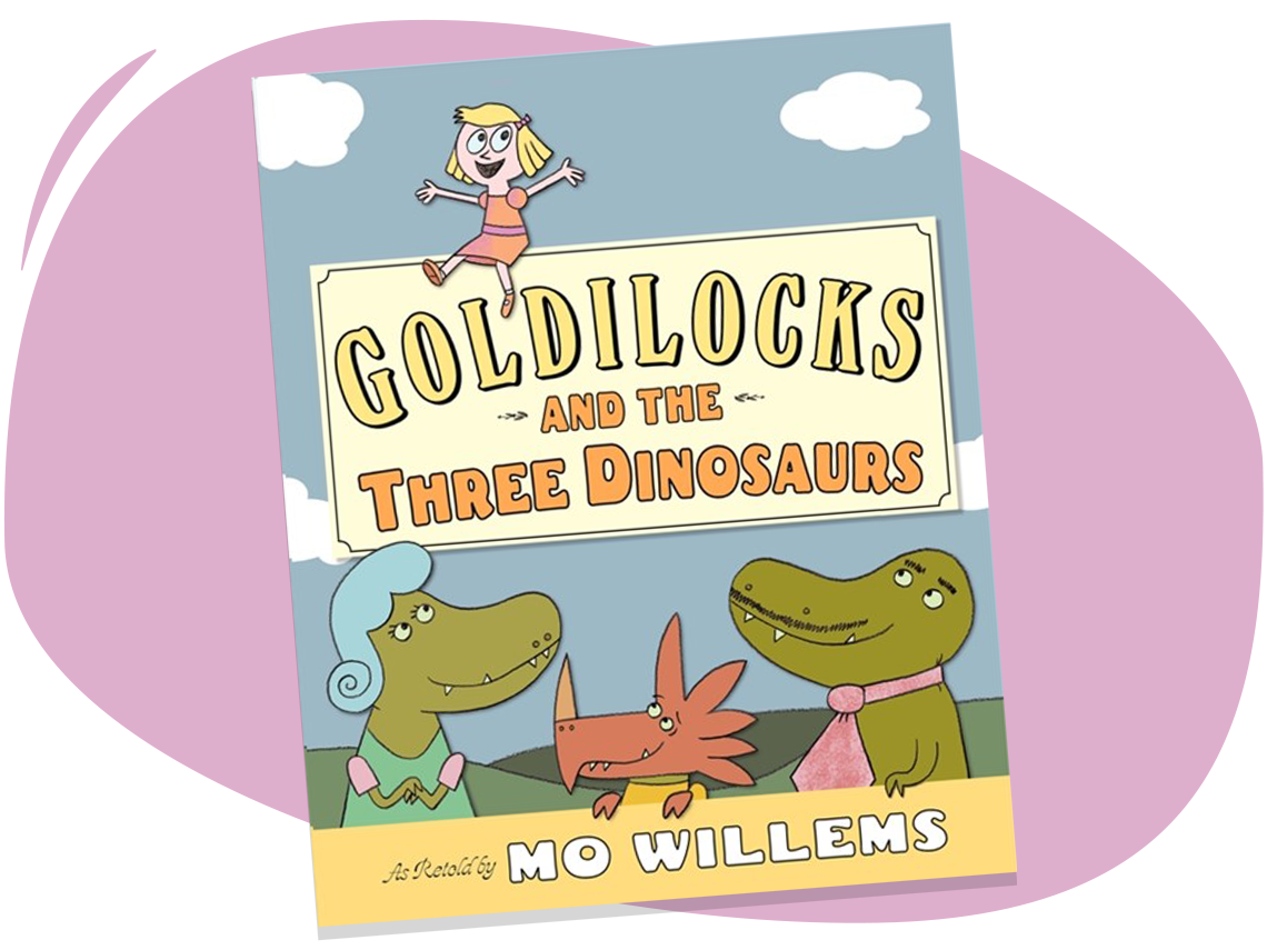 Goldilocks is sitting on a sign above 3 dinosaurs. The family of 3 dinosaurs are standing, wearing clothes, and are smiling up at Goldilocks 
