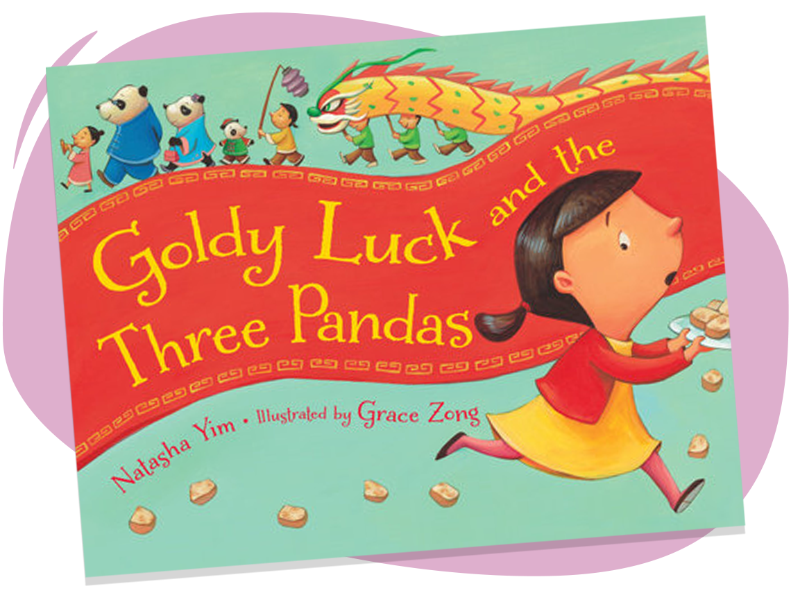 Goldy Luck is running with a plate of food, and some pieces are falling off. There is a dragon dance with human performers and 3 pandas. 