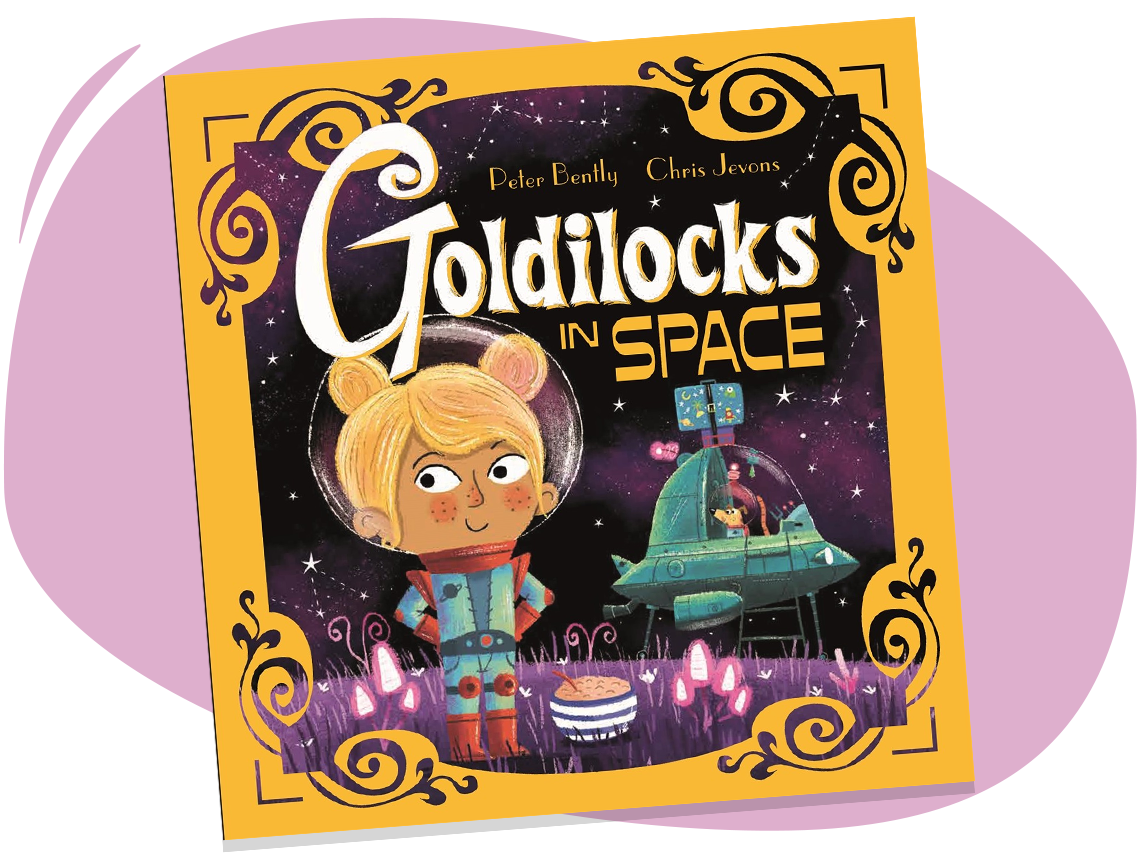 Goldilocks and her dog flew their spaceship to an alien planet. Exploring in her spacesuit, she found a bowl of oatmeal on the planet. 