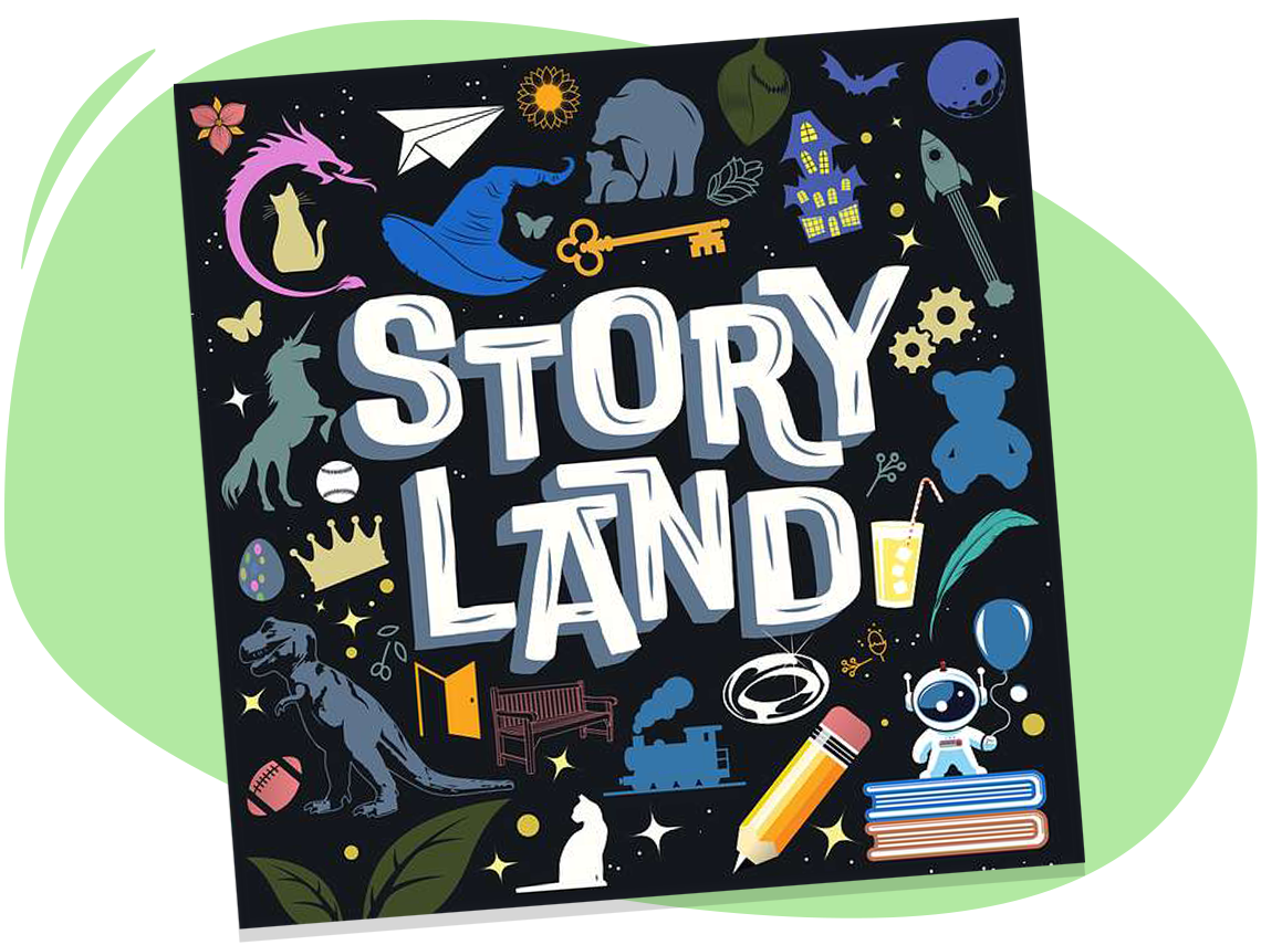 ‘Story Land’s cover art features fantastical symbols, including unicorns, dragons, a golden key, a crown, a dinosaur and a stack of books. 